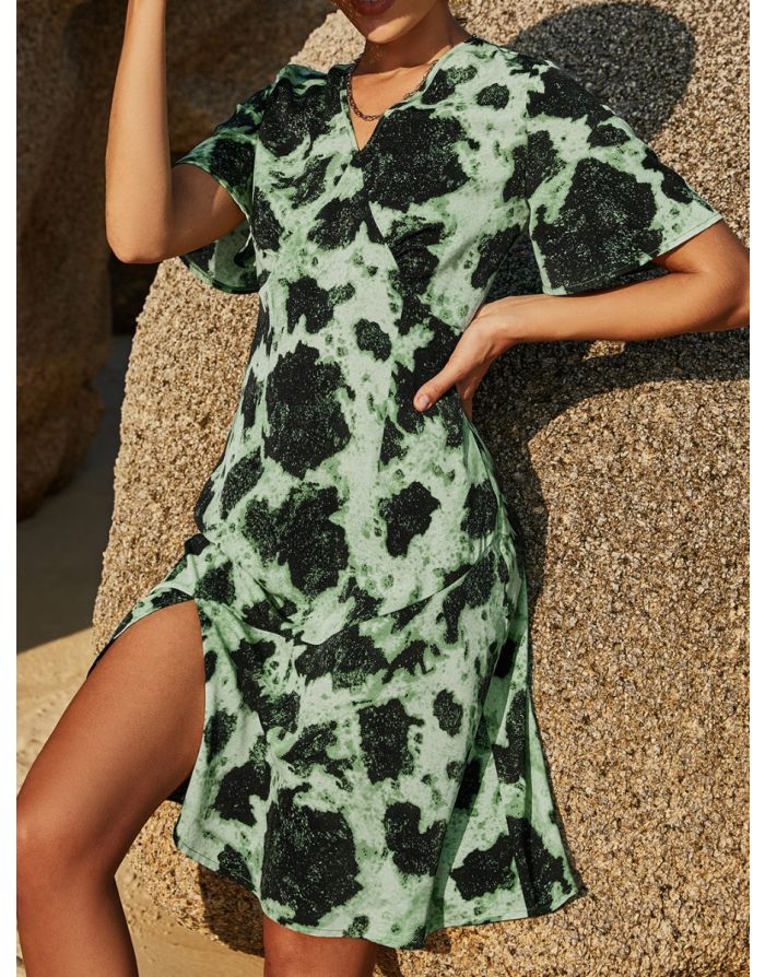 Summer Dress Printed V-Neck Short Sleeve Split Flounced Hem Midi A-Line Dresses